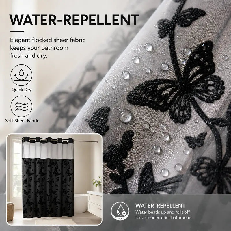 Hook-Free Double-Layer Butterfly Flocked Shower Curtain with Mesh Top Window, 71 x 74 in