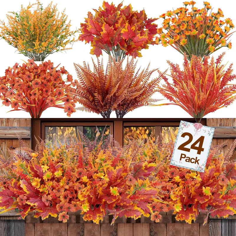 24-Bundle 6-Style Artificial Faux Plants Decorative Fall Flowers, UV-Resistant Orange Mums and Maple Leaves