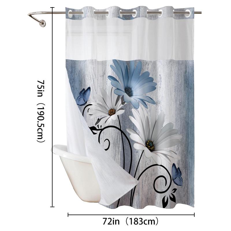 Double-Layer Daisy Printed Shower Curtain - Hookless Waterproof Fabric for Bathroom
