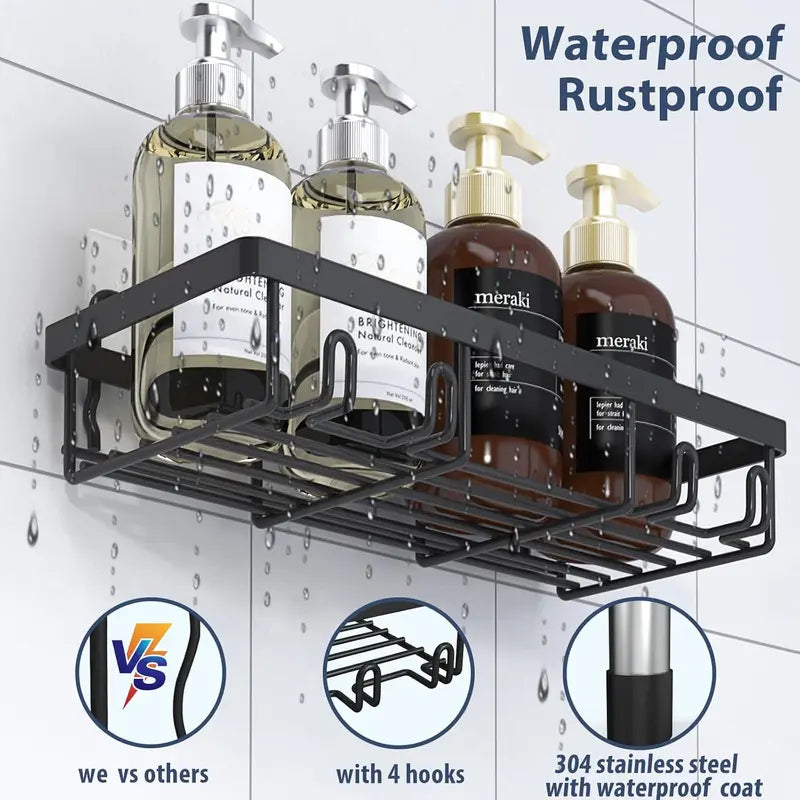 5-Pack Modern Matte Black Self-Adhesive Shower Caddy Set - No-Drill Stainless Steel Storage