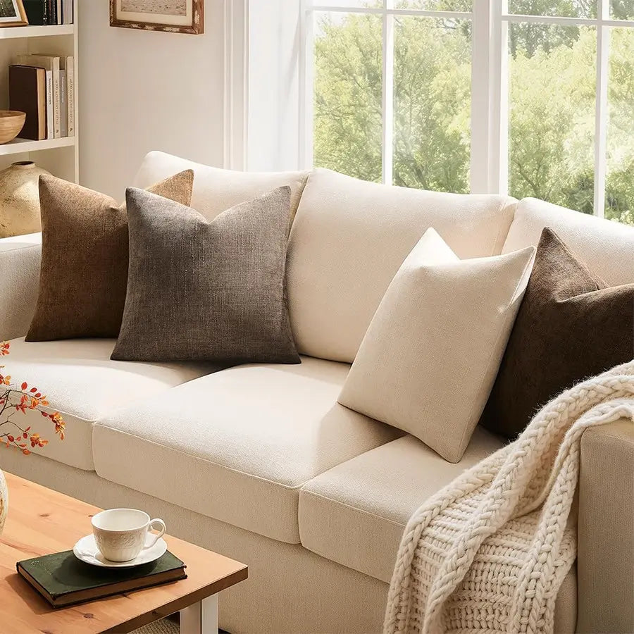 4Pcs Chenille Textured Throw Pillow Covers, Neutral Brown Solid Decorative Farmhouse Cushion Covers