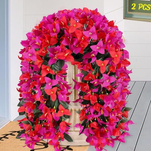 Artificial Bougainvillea Flowers for Outdoor Plant, 2 Pcs Faux Hanging Flowers Bougainvillea for Outside Decoration, Fake Silk UV Resistant Vines for Front Door Porch (Fuchsia)