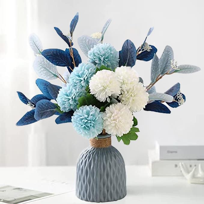 LADADA Blue Artificial Flower Bouquet in Ceramic Vase, White and Blue Ball Chrysanthemum with Eucalyptus, Minimalist Desk Decor for Office Home Centerpiece