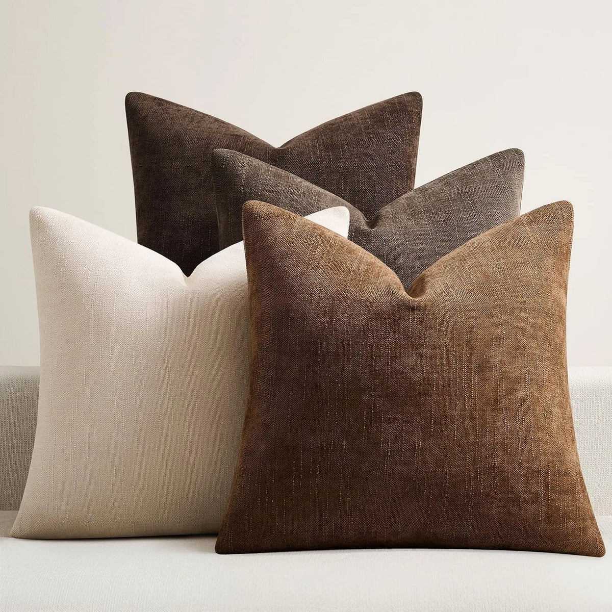 4Pcs Chenille Textured Throw Pillow Covers, Neutral Brown Solid Decorative Farmhouse Cushion Covers