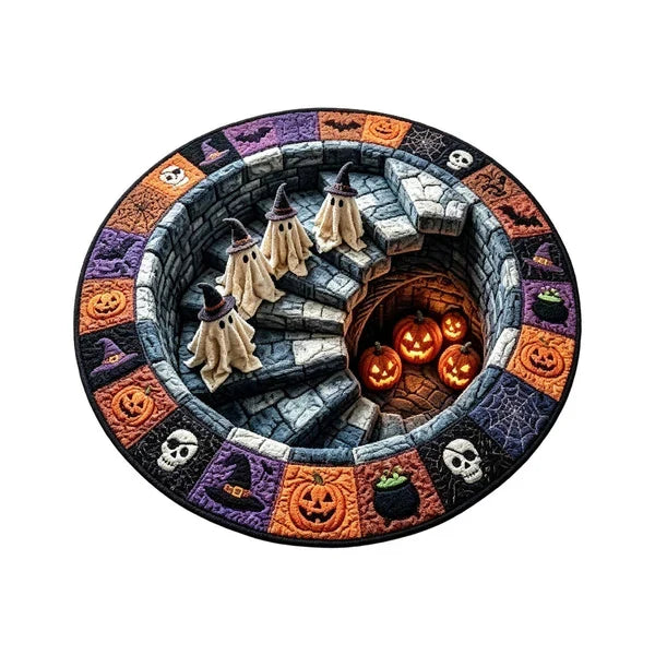 3D Haunted Staircase Round Rug - Spooky Optical Illusion Halloween Floor Carpet