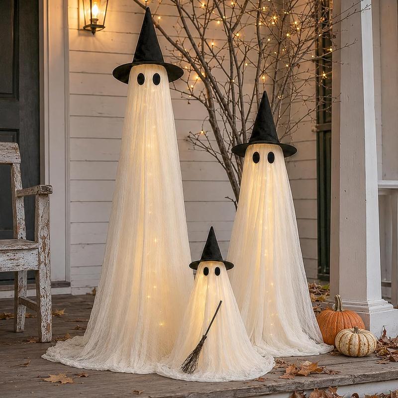 2-Packs Halloween Aesthetic Horror Lighted Ghost Decor Set, 5Ft Wind-Resistant Outdoor Party Decoration
