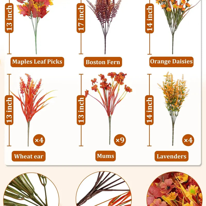 24-Bundle 6-Style Artificial Faux Plants Decorative Fall Flowers, UV-Resistant Orange Mums and Maple Leaves