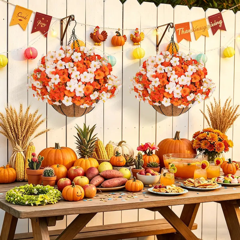 🍂🍂🍂Fall Sale: 2-Pack Artificial Morning Glory Hanging Baskets for Porch & Garden