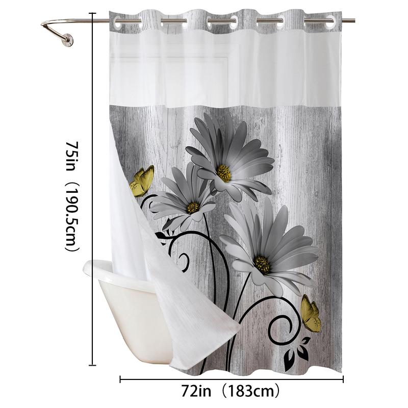 Double-Layer Daisy Printed Shower Curtain - Hookless Waterproof Fabric for Bathroom