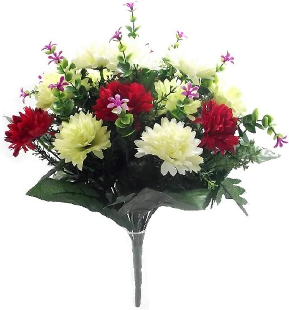 Bagari Artificial Flowers, Large Mixed Bush Grave Flowers, 16 inch Fake Flowers for Decoration, Ivory - Light Green - Red Artificial Flowers for Outdoor & Indoor Events Wedding Party Home Decoration