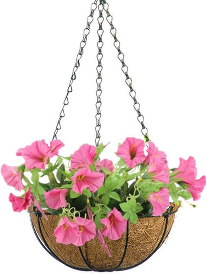 Hanging Basket Artificial Flowers Morning Glory for Balcony Outdoor Decoration, Rose Red (Big Basket and Artificial Flowers)