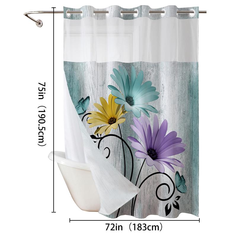 Double-Layer Daisy Printed Shower Curtain - Hookless Waterproof Fabric for Bathroom