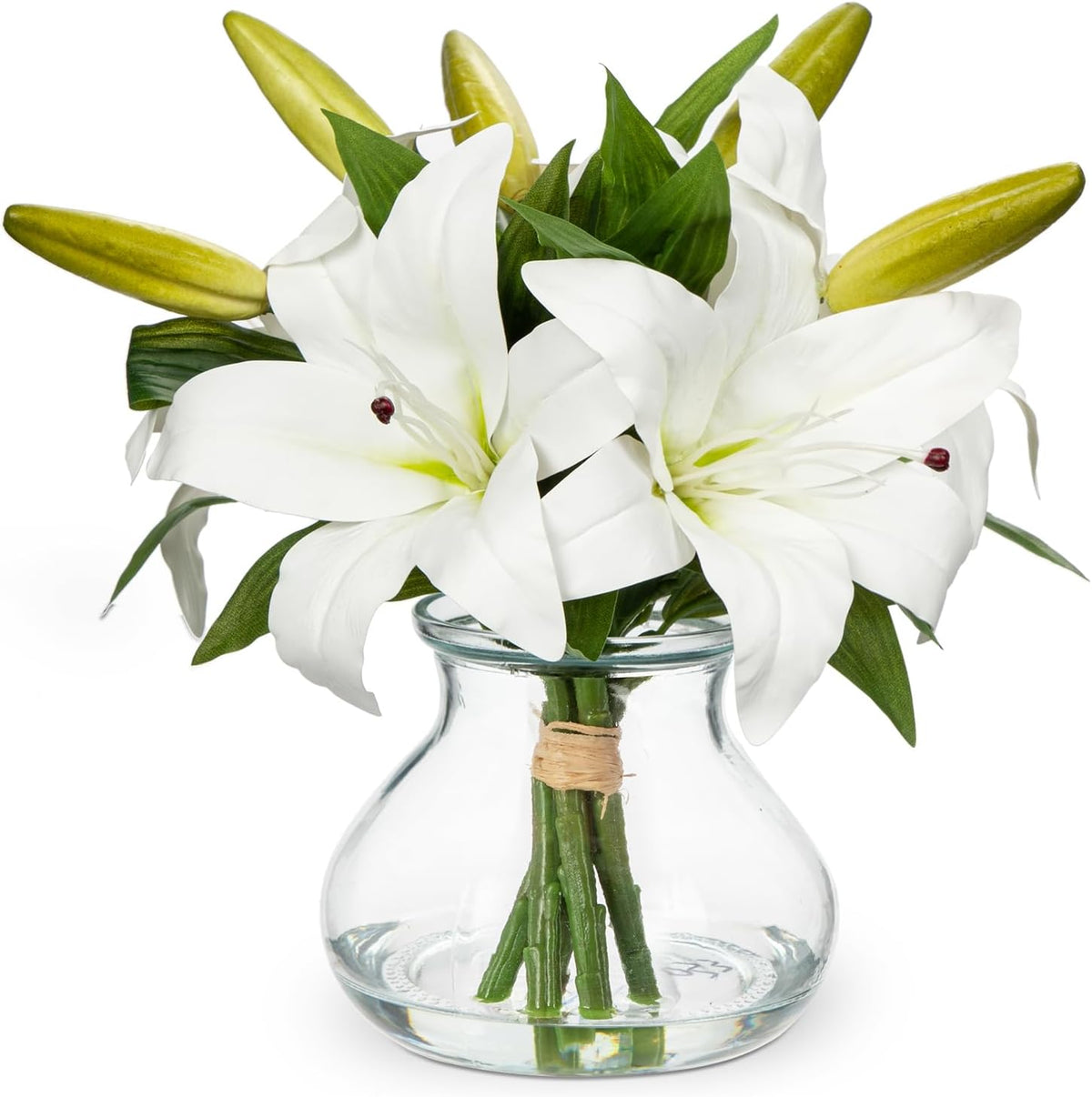 Hollyone Hydrangea Artificial Flowers with Vase White Silk Fake Flowers Arrangements in Glass Vase with Faux Water for Home Bathroom Office Table Centerpiece Shelf Decorations