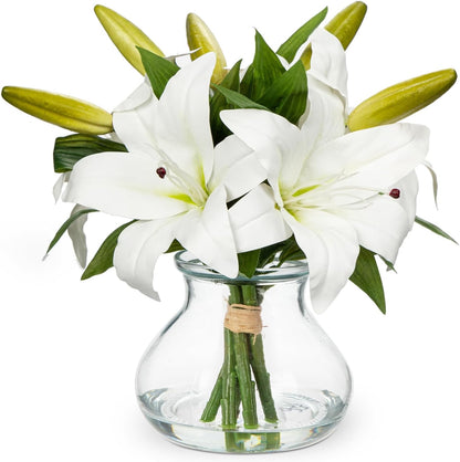 Hollyone Hydrangea Artificial Flowers with Vase White Silk Fake Flowers Arrangements in Glass Vase with Faux Water for Home Bathroom Office Table Centerpiece Shelf Decorations