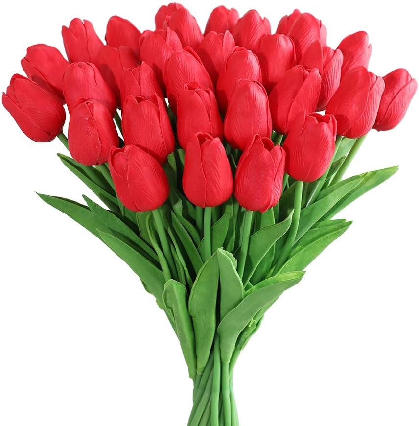 Kisflower 30Pcs Latex Tulips Real Touch Pink Artificial Flowers Fake Tulips Arrangement Bouquet for Home Office Wedding Decor (Pink)