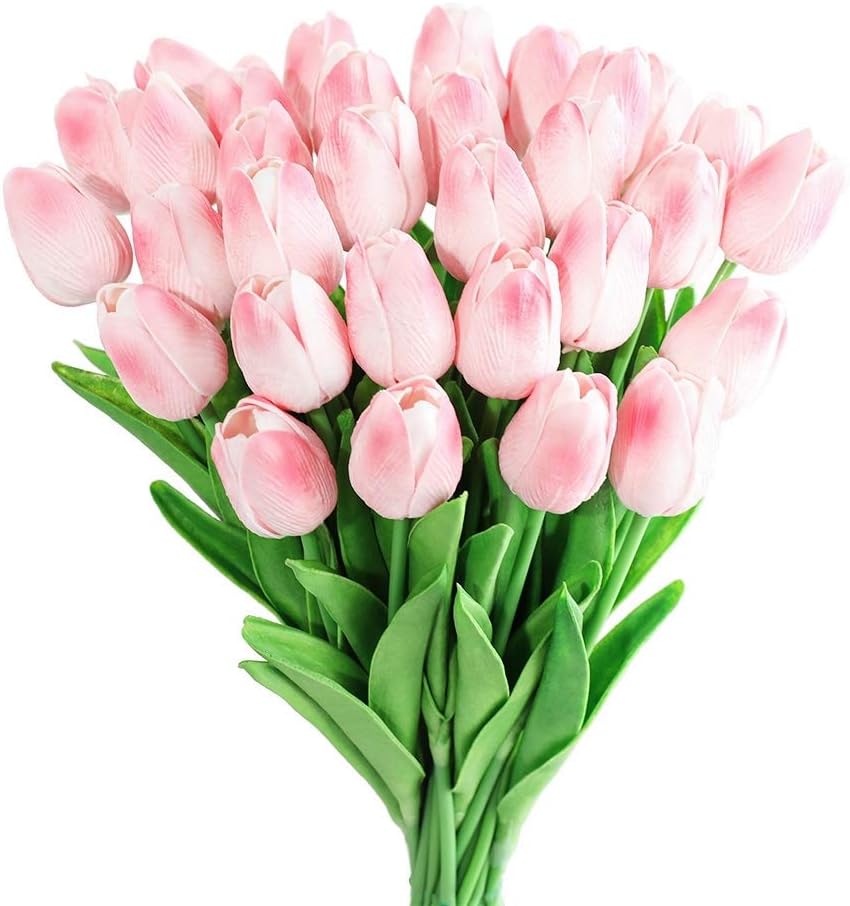 Kisflower 30Pcs Latex Tulips Real Touch Pink Artificial Flowers Fake Tulips Arrangement Bouquet for Home Office Wedding Decor (Pink)