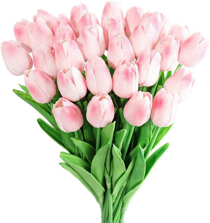 Kisflower 30Pcs Latex Tulips Real Touch Pink Artificial Flowers Fake Tulips Arrangement Bouquet for Home Office Wedding Decor (Pink)