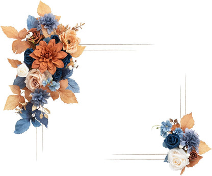 Ling's Moment 2 Pcs Artificial Welcome Sign Swag Wedding Arch Flowers Backdrop Decorations Floral Garland Orange Terracotta Navy Blue Rose Ceremony Party Reception board Door Wall Home Entryway Outdoor