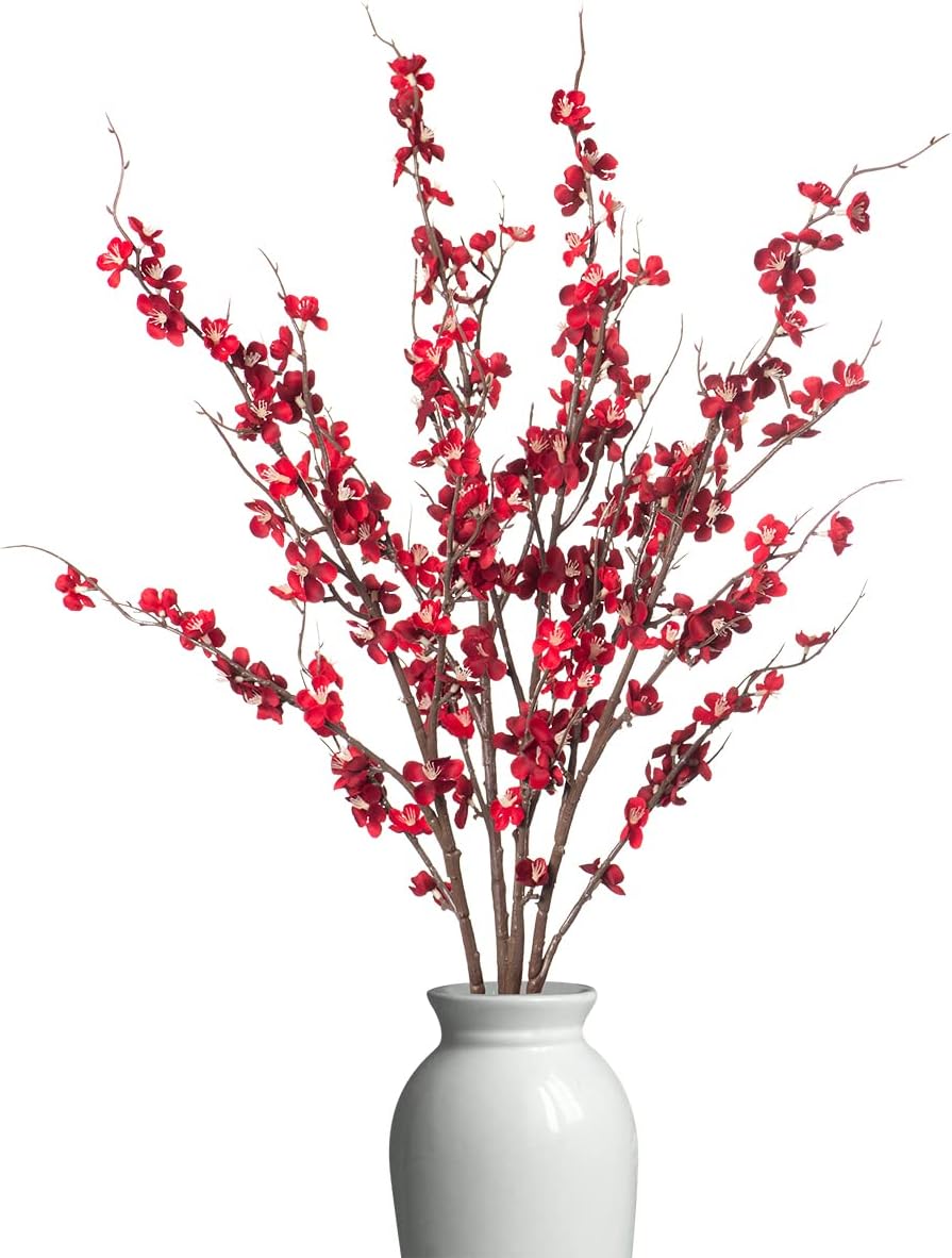 4 Pcs Cherry Blossom Branches Artificial Flowers for Spring Summer Indoor Decoration, Faux Long Stem Artificial Flowers for Wedding Home Office Bedroom Party Table Centerpieces Decor (White)