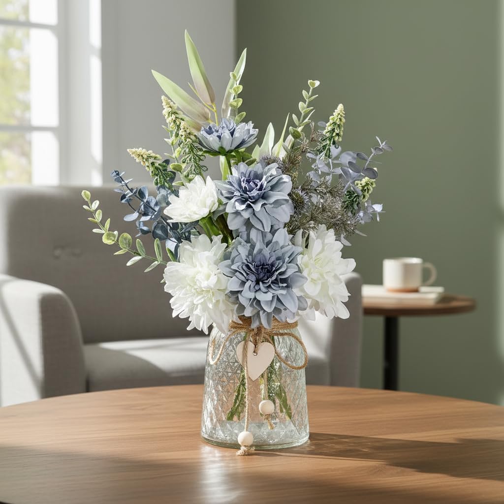 LADADA Blue Artificial Flower Bouquet in Ceramic Vase, White and Blue Ball Chrysanthemum with Eucalyptus, Minimalist Desk Decor for Office Home Centerpiece