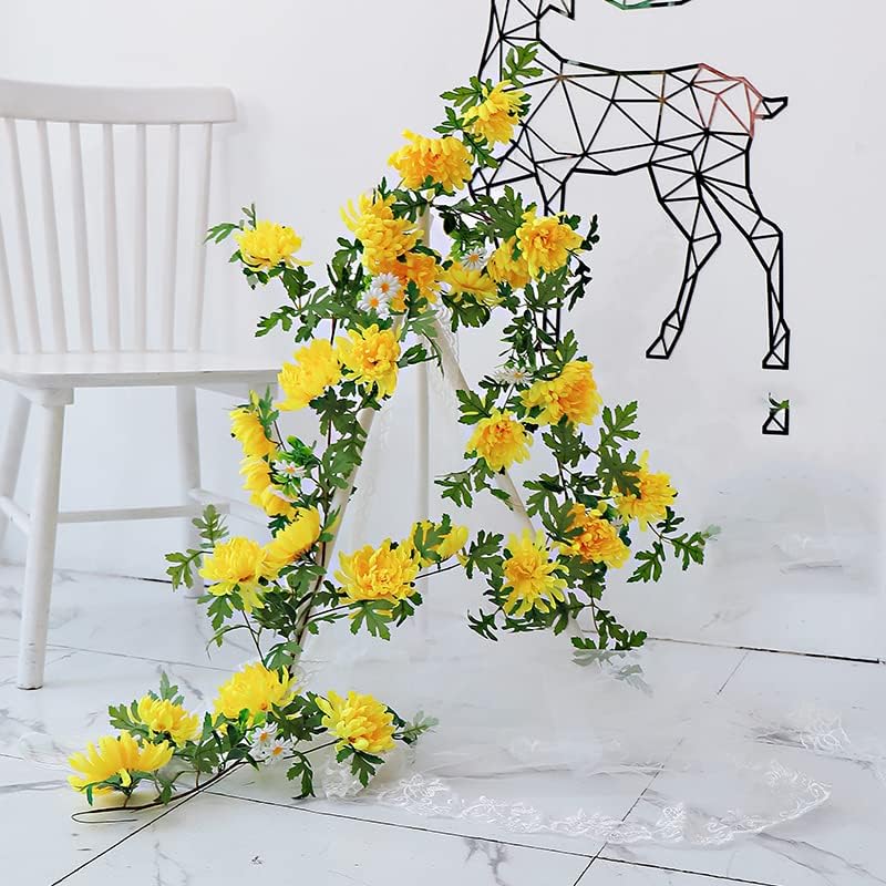 170cm Yellow Artificial Daisy Chrysanthemum Flowers Wall Hanging Vines String Garland Wreath for Outdoor Home Garden Decoration (Yellow)