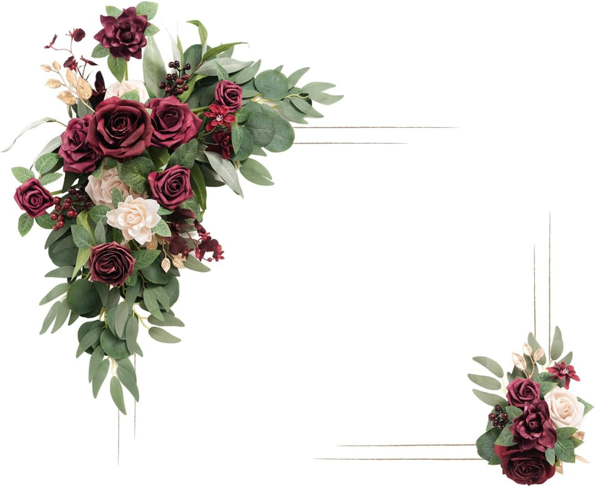 Ling's Moment 2 Pcs Artificial Welcome Sign Swag Wedding Arch Flowers Backdrop Decorations Floral Garland Orange Terracotta Navy Blue Rose Ceremony Party Reception board Door Wall Home Entryway Outdoor