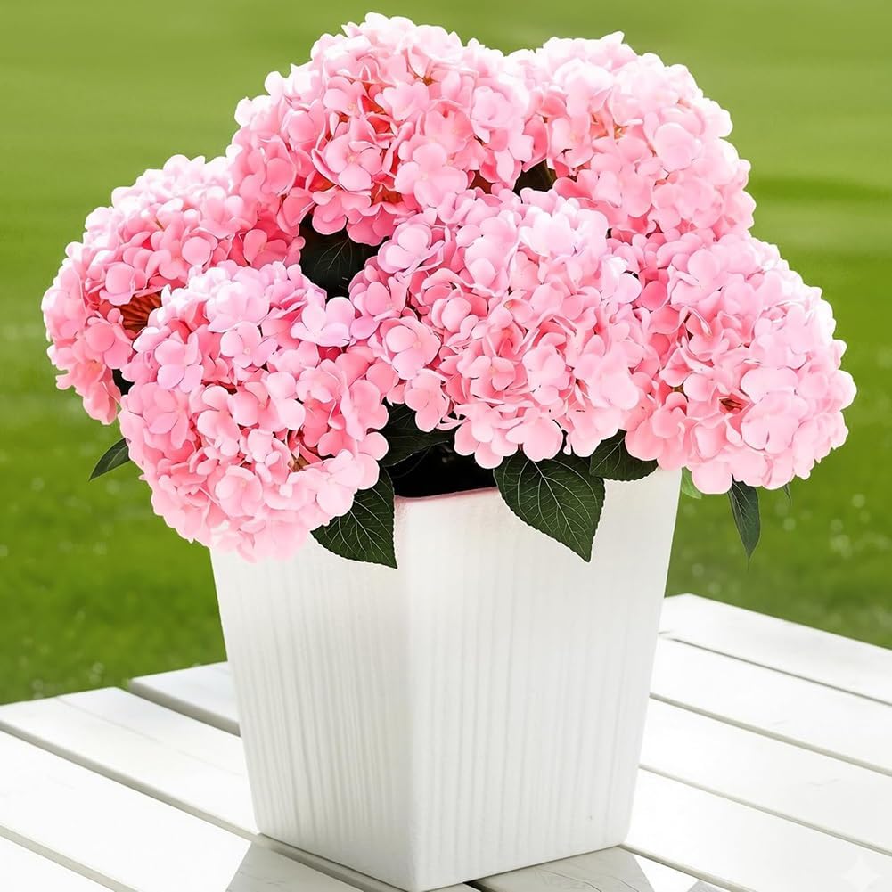 UV Resistant Hydrangeas 6 Bundles with 30 Heads Artificial Faux Silk Flowers for Garden Porch Yard Window Box Wedding Decoration Bush for Outdoor Front Door Garden Decor Potted Topiary