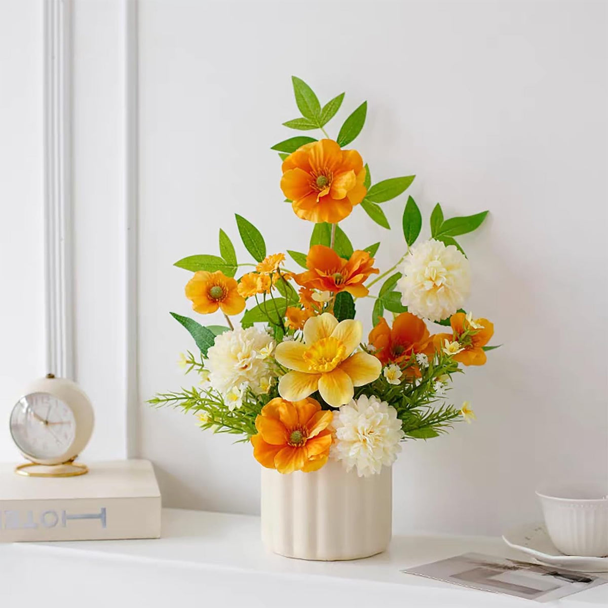 Artificial Hydrangea Flower Arrangements with Ceramic Vase for Home and Wedding Decor