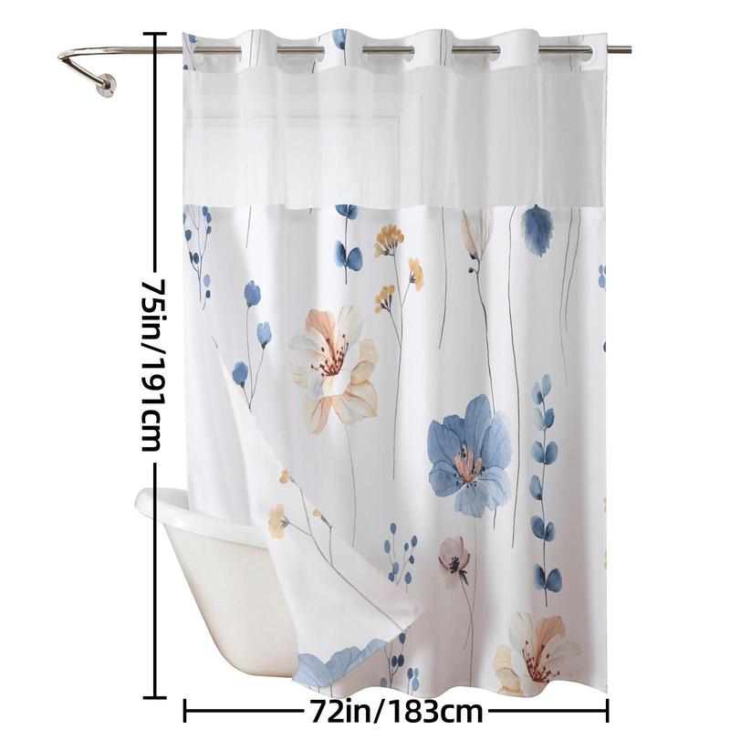 Ink and Wash Floral Double-Layer Shower Curtain, Hookless Country Style Decor, 72x75in