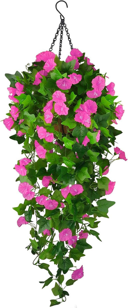 Artificial Fake Hanging Flowers Plants Basket for Spring Outdoor Outside Decoration, UV Resistant Faux Plastic Fabric Flower Morning Glory Wisteria Petunia for Garden Porch Patio Balcony Yard Decor