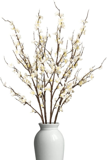4 Pcs Cherry Blossom Branches Artificial Flowers for Spring Summer Indoor Decoration, Faux Long Stem Artificial Flowers for Wedding Home Office Bedroom Party Table Centerpieces Decor (White)