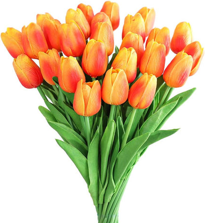Kisflower 30Pcs Latex Tulips Real Touch Pink Artificial Flowers Fake Tulips Arrangement Bouquet for Home Office Wedding Decor (Pink)
