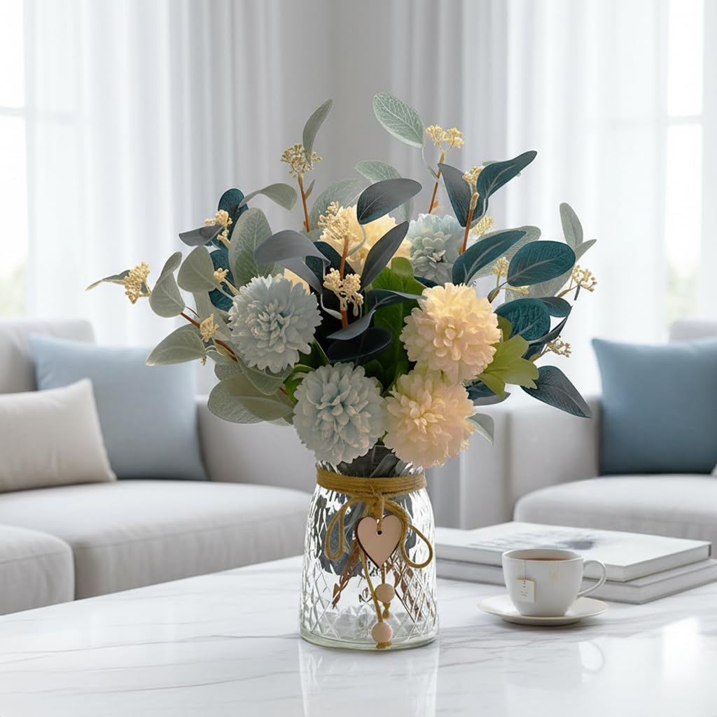 LADADA Blue Artificial Flower Bouquet in Ceramic Vase, White and Blue Ball Chrysanthemum with Eucalyptus, Minimalist Desk Decor for Office Home Centerpiece