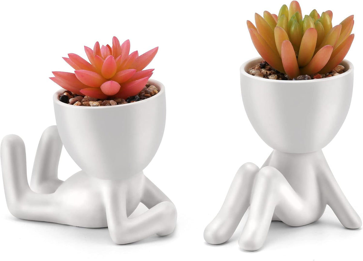 Fake Succulent, Mini Succulents Plants Artificial in White Modern Human Shaped Ceramic Pots Cute Desk Decor Pink Succulent for Office Decor for Women Girls, Desk Plant Cute Bathroom Decor 2PCS