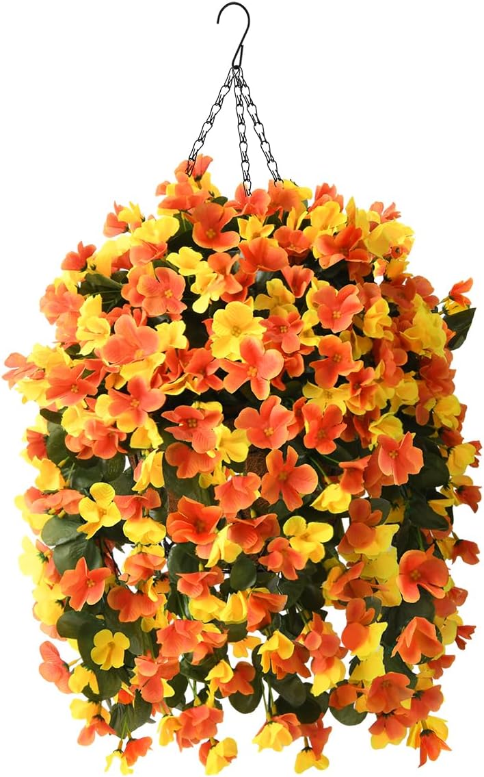 INQCMY Artificial Fake Hanging Plants Flowers Basket for Spring Summer Outdoor Outside Decoration, Faux Silk Begonia Flower in Planter Look Real UV Resistant for Home Porch Patio Balcony Yard Decor