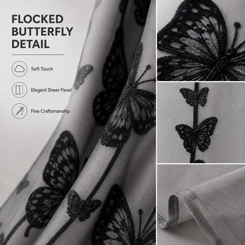 Hook-Free Double-Layer Butterfly Flocked Shower Curtain with Mesh Top Window, 71 x 74 in