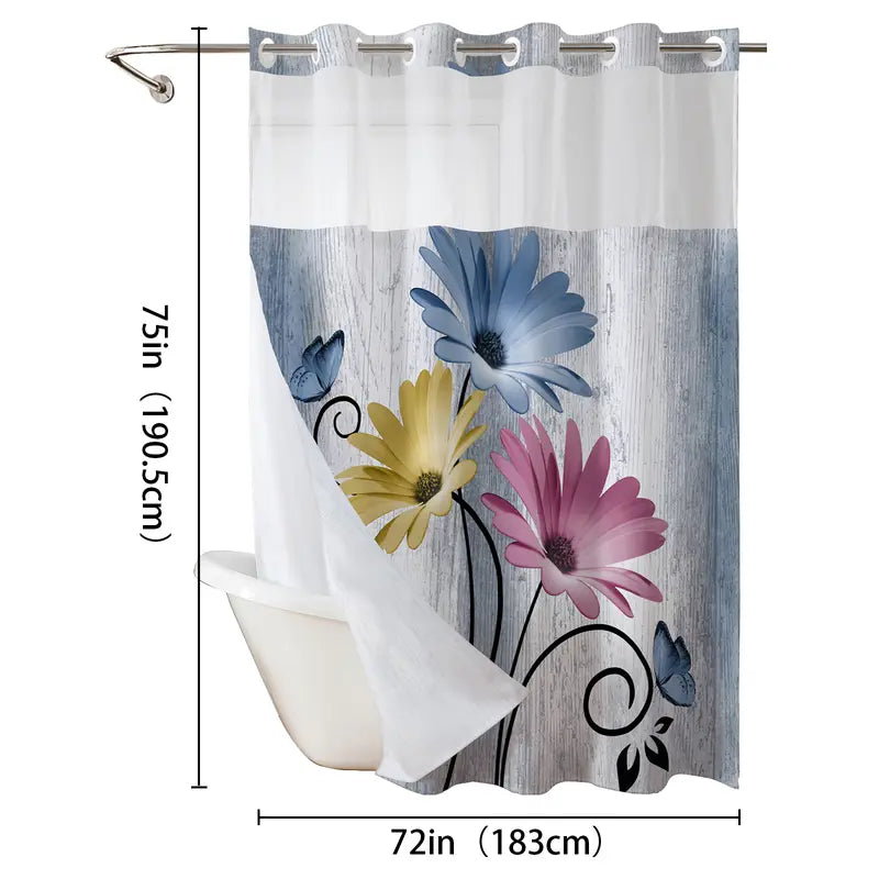 Double-Layer Daisy Printed Shower Curtain - Hookless Waterproof Fabric for Bathroom