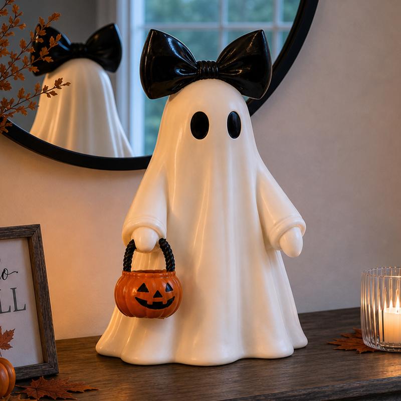 Lighted Patchwork Ghost with Pumpkin Lantern - Modern Minimalist Halloween Figurine