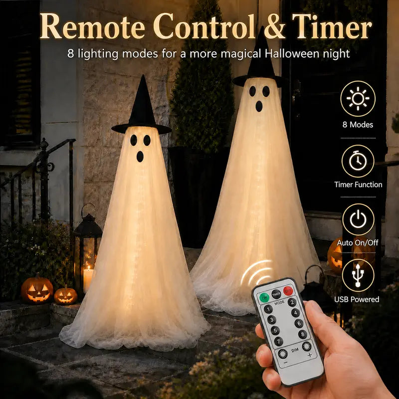 2-Packs Halloween Aesthetic Horror Lighted Ghost Decor Set, 5Ft Wind-Resistant Outdoor Party Decoration