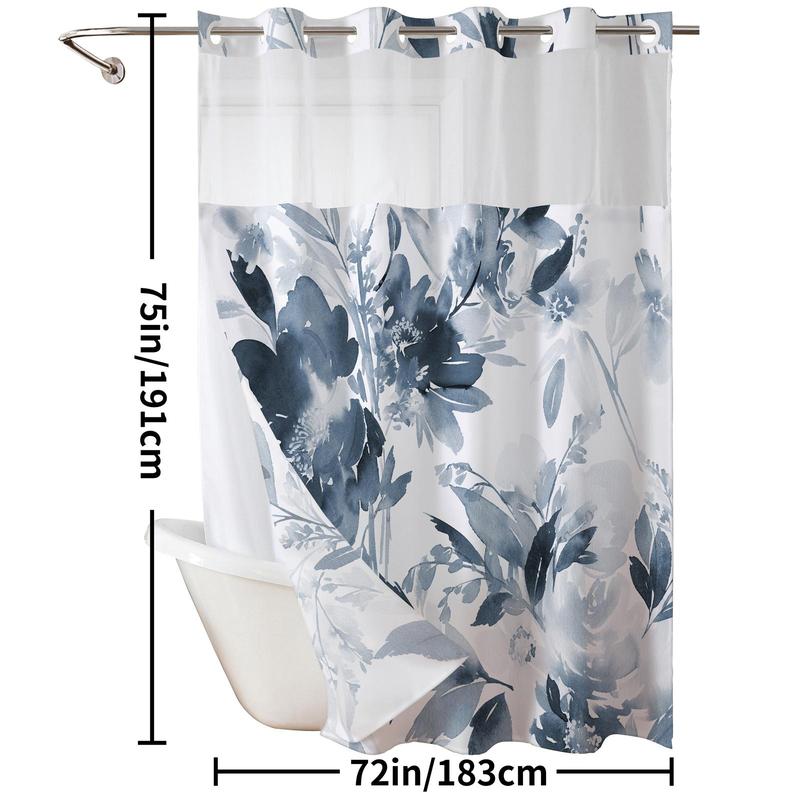 Ink and Wash Floral Double-Layer Shower Curtain, Hookless Country Style Decor, 72x75in