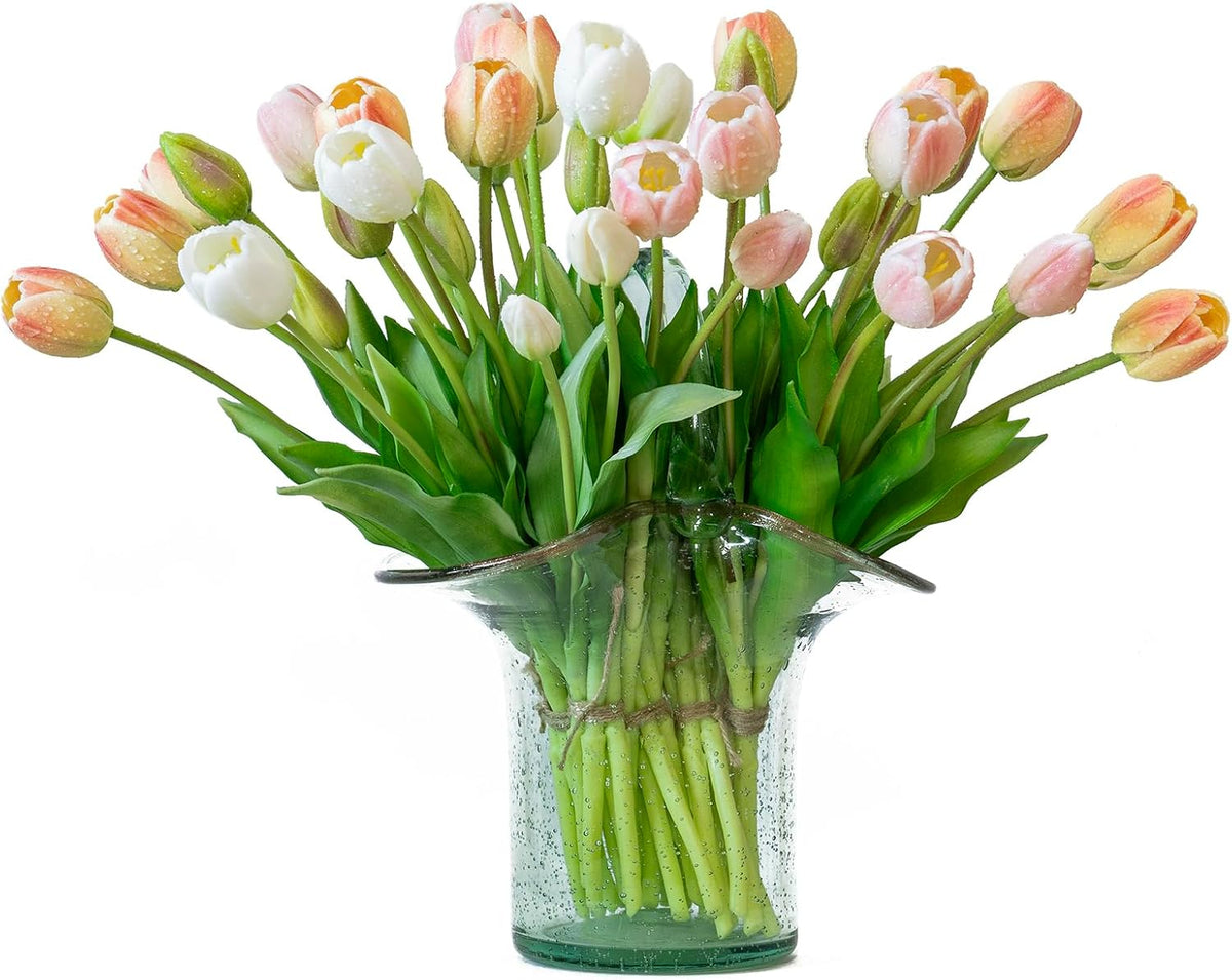 15 Pcs Artificial Tulips Flowers, Latex Bouquet, Fake Tulips for Office Wedding Party Home Kitchen Garden Decoration (White, 15 Pcs)