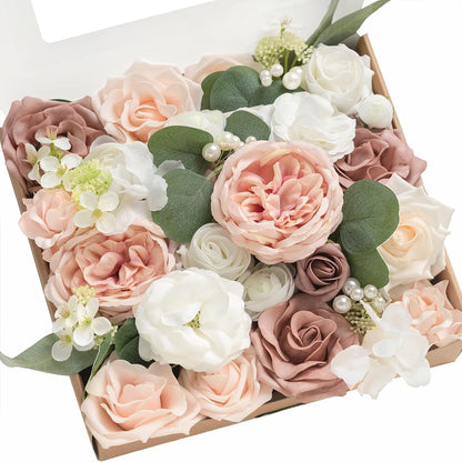 Ling's moment Fake Flowers Box, Faux Artificial Greenery Stems Foam Roses Silk Peony Ranunculus Fabic Flower for Centerpieces Bouquet Wedding Vase Floral Decorations, Garden Blush, Deluxe Combo