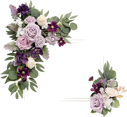 Ling's Moment 2 Pcs Artificial Welcome Sign Swag Wedding Arch Flowers Backdrop Decorations Floral Garland Orange Terracotta Navy Blue Rose Ceremony Party Reception board Door Wall Home Entryway Outdoor