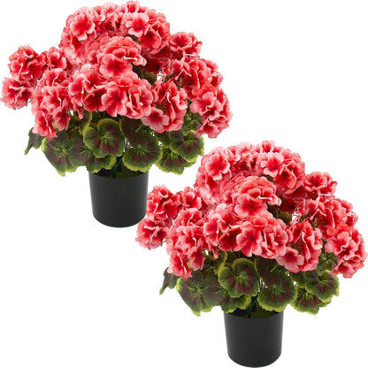 lovemoon 2 Pcs Geranium Potted Artificial Flowers, 19" Fake Geraniums Plants UV Resistant Silk Potted Plants for Outdoor Home Décor Office Porch Garden Decor (2, Red)
