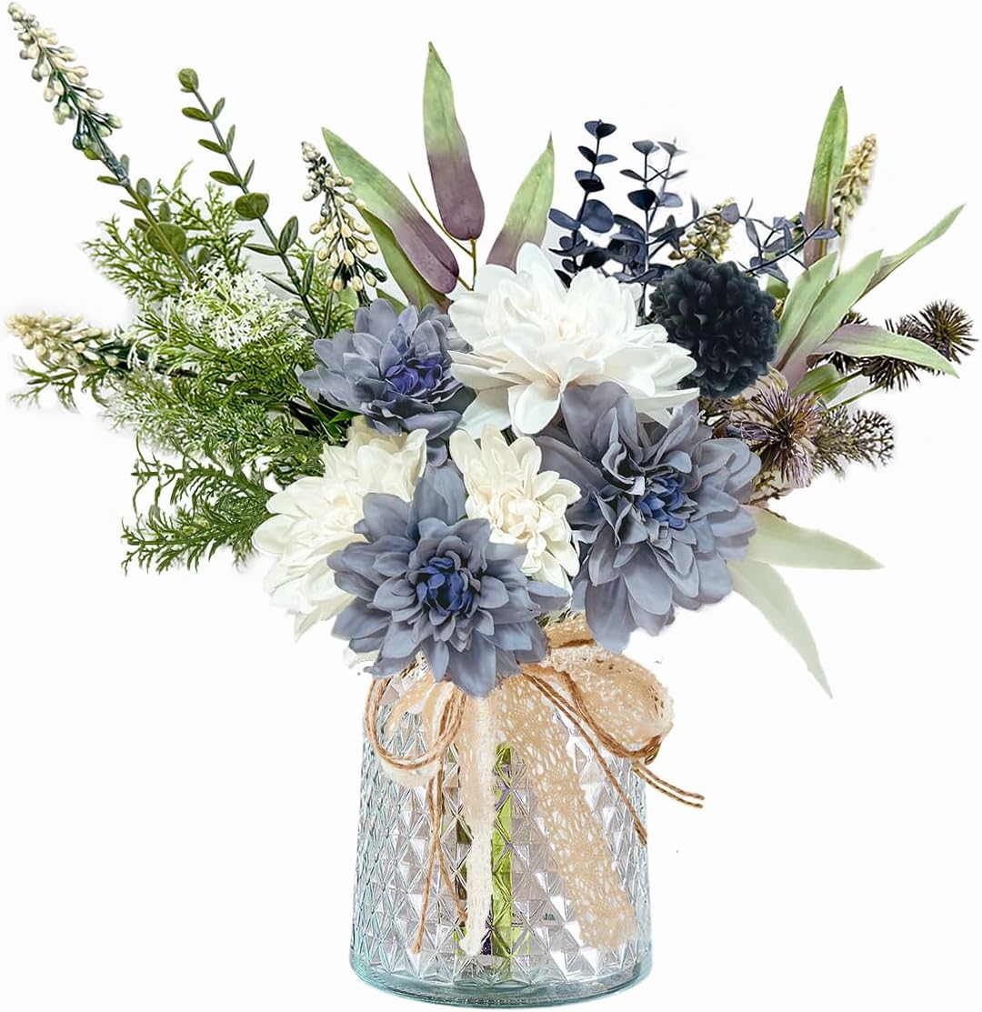 Hydrangeas Floral Arrangement in Glass Vase, Fake Flowers Silk Hydrangea Artificial Flowers with Vase for Home Office Decoration, Dining Table Centerpiece(Pink)
