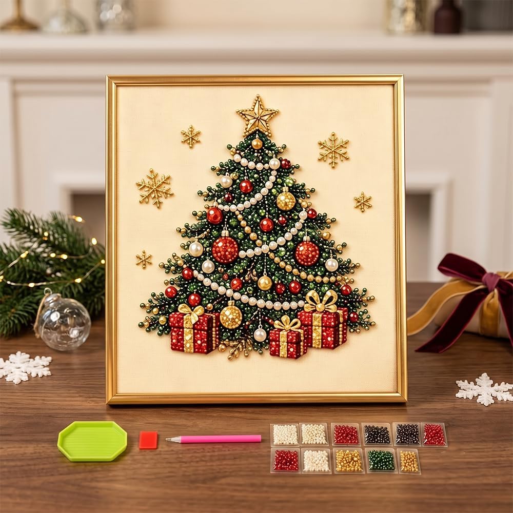 DIY Christmas Pearl Diamond Painting Art Kit with Frame, Festive Handmade Home Wall Decor