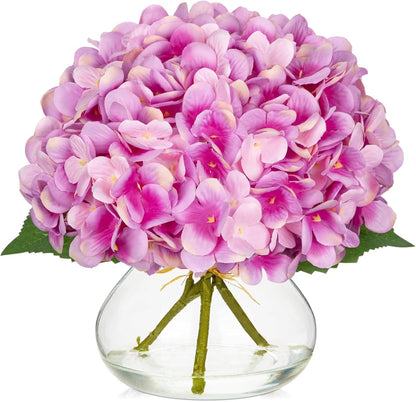 Hollyone Hydrangea Artificial Flowers with Vase White Silk Fake Flowers Arrangements in Glass Vase with Faux Water for Home Bathroom Office Table Centerpiece Shelf Decorations