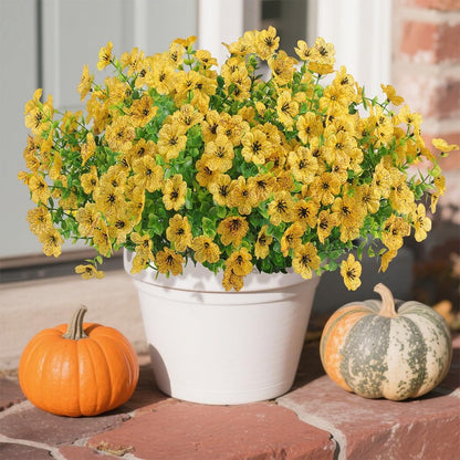 Artificial Faux Flowers Plants for Outdoors Outside Spring Summer Decoration, 12 Bundles Realistic Fake Flowers Plant Greenery Silk Daisy UV Resistant Planters Balcony Porch Patio Garden Home（Yellow）