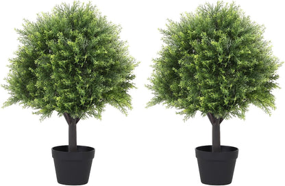 27“ Realistic Artificial Boxwood Topiary Trees Set of 2, Faux Boxwood Plants Outdoor UV-Resistant, No Maintenance Curb Appeal Fake Evergreen Bushes & Shrubs for Front Porch Outside Planter Decor