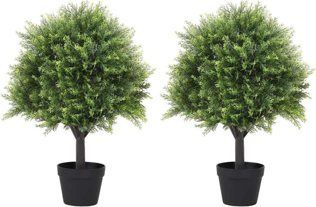 27“ Realistic Artificial Boxwood Topiary Trees Set of 2, Faux Boxwood Plants Outdoor UV-Resistant, No Maintenance Curb Appeal Fake Evergreen Bushes & Shrubs for Front Porch Outside Planter Decor